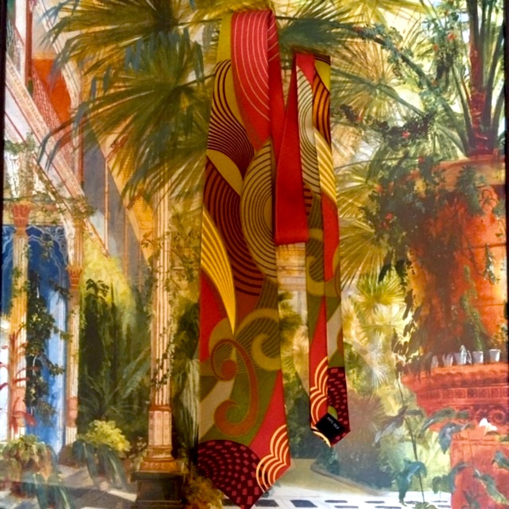 Pangborn Silk Red Green Yellow Asian Artisan Graphic Foliage Green Red Gold Tie